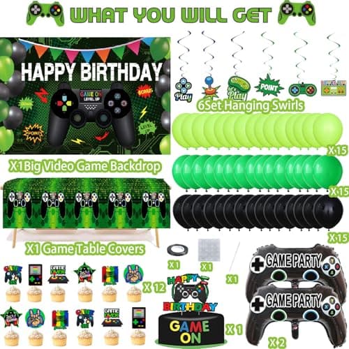 Video Game Birthday Party Decorations Kit – 77PCS Gamer Supplies with Backdrop, Hanging Swirls, Foil Balloons, Table Cover, Cake Topper for Boys Kids Game Theme Party - Thumbnail 3