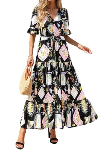 BTFBM Womens Summer Dresses 2026 Spring Casual Short Sleeve v Neck Boho Floral Flowy A-Line Tiered Maxi Dress Pockets(Floral Black Multi, X-Large) - Image 1