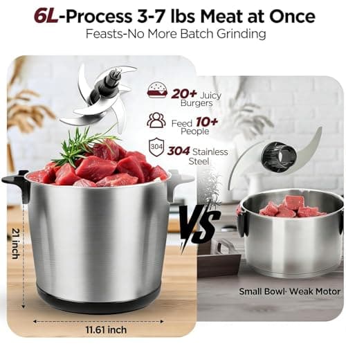 Electric Large Food Processor,6L Meat Grinder Stainless Steel for Home, Heavy-Duty Meat Blender Mincer with 2 Speed& 6 Blades,1200W Electric Food Grinder Chopper for Meat,Game,Hunt & Meal Prep - Thumbnail 2