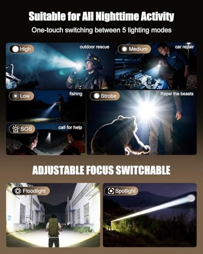 SKYFIRE Rechargeable Flashlights High Lumens: Super Bright LED Tactical Flashlight 3000lm Zoomable 5 Modes Waterproof 2*5000mAh Powerful Flash Light for Camping, Emergency, Gift (with Ignition Lens) - Thumbnail 3