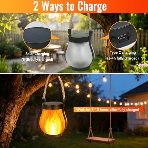 Gen2 Solar Lanterns Outdoor Waterproof, 2Pack Flickering Flame Light Hanging Solar Outdoor Lights with Dual Charging (USB/Solar) & 2 Modes for Desk Yard Patio Path Tree Garden Camping Decoration - Thumbnail 6