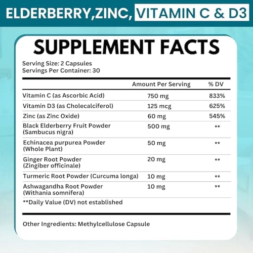 Elderberry Immune Support Supplement 8-in-1 Formula with Echinacea, Vitamin C & Zinc, Vitamin D 5000 IU, Turmeric, Ginger, Ashwagandha – 60 Capsules - Thumbnail 2