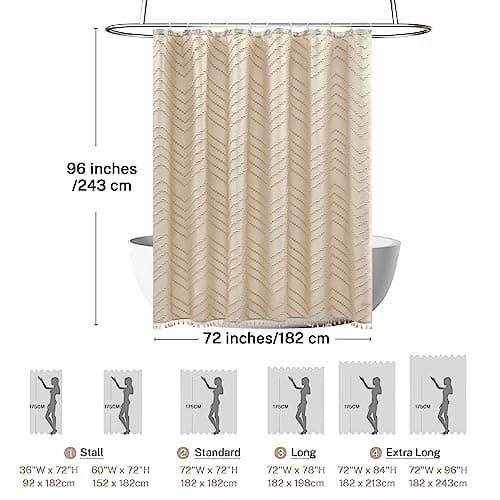 Siiluminisoy Extra Long Farmhouse Boho Chevron Shower Curtain, Woven Fabric 96 in Beige Shower Curtain, 72 x 96, Tufted Striped, Modern Chic Textured Shower Curtain Set Minimalist Bathroom Decor - Thumbnail 4