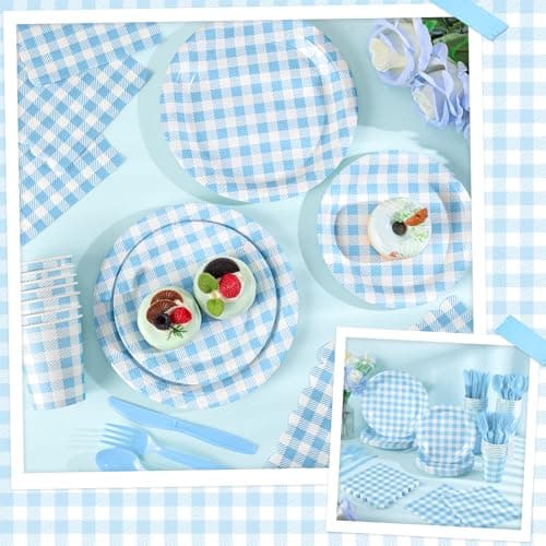 NatNarr 175 Pcs Gingham Paper Plates, Boy Baby Shower Decorations Include Blue Gingham Plates and Napkins Cups Disposable Blue Dinnerware for Picnic, Wedding, Birthday - Thumbnail 5