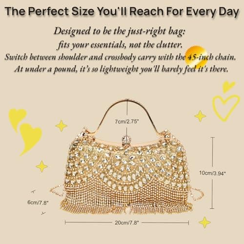 LUKLUKTAISUN 2026 Fringe Rhinestones Clutch Purse for Women Elegant Mesh Evening Bag Crystal Handbag for Cocktail Prom Wedding(Gold) - Thumbnail 5