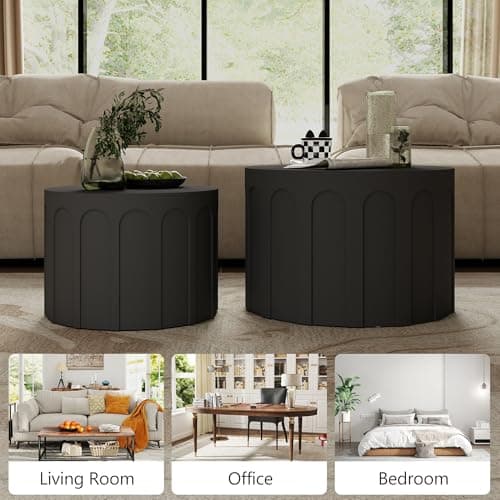 Furnivado Nesting Coffee Table Set of 2, Modern Round Coffee Table with Non-Slip Feet, Wooden Circle Accent Tables for Small Spaces, Side End Table for Living Room, Bedroom, Balcony, Office, Black - Thumbnail 5