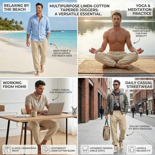 Linen Pants Men Tapered Leg Baggy Pants Men Cotton Yoga Pant Elastic Waist Drawstring Summer Beach Sweatpants Loose Casual Trousers 2026 - Thumbnail 6