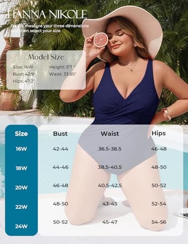 Hanna Nikole High-Elastic Mesh Fabric at the Waist Tummy Control Swimsuits for Women,V-Neck Bathing Suit Navy Blue 22W - Thumbnail 6