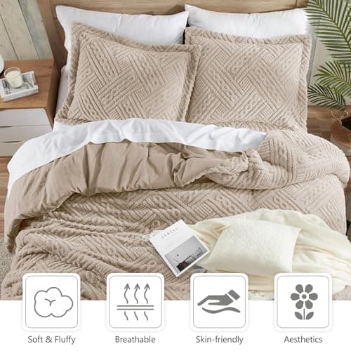 Homelike Moment Fluffy King Size Comforter Set - Beige Fleece Warm Marshmallow Comforter for Winter, Luxury Fuzzy Sherpa King Bed Set 3 Piece - Thumbnail 5