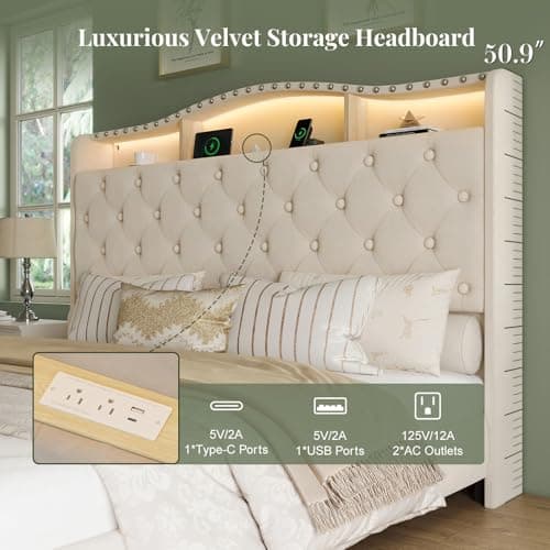 Belffin Queen Size Bed Frame and Headboard, 50.9" Velvet Upholstered Wingback Bedframe with LED Lights & Storage/Charging Station, Button Tufted Tall Footboard, No Box Spring Needed, Noise-Free, Beige - Thumbnail 3
