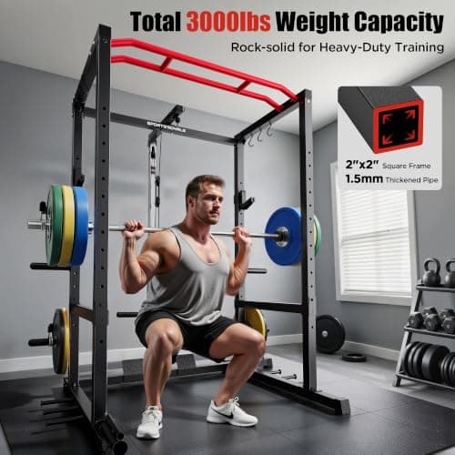 SPORTSROYALS Power Rack, Multi-Functional Power Cage, Squat Rack with Pulley System & LAT Pull Down, Workout Cage with J Hooks for Home Gym - Thumbnail 2