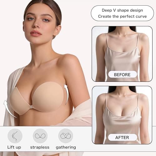 MITALOO Seamless Adhesive Bra Sticky Strapless Invisible Push up Bras Silicone Backless Nipple Cover for Women Beige - Thumbnail 4