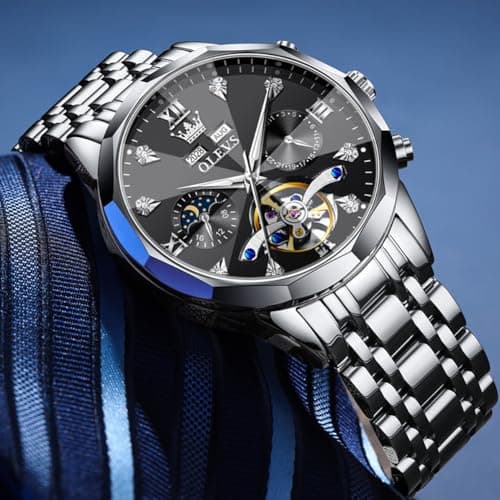 OLEVS Mens Watches Black Automatic Waterproof Watch for Men Luxury Dress Silver Stainless Steel Self Winding Men's Wrist Watches Mechanical Fashion Big Face Diamond Mens Watch Relojes para Hombres - Thumbnail 4