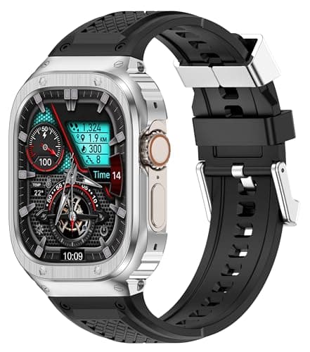 Deczone Band with Stainless Steel Case Compatible with Apple Watch Series Ultra 1 2 3 49mm Band, iwatch Bands Rugged Metal Protective Cover for Men (Silver)