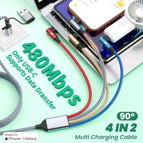 USB C Splitter Multi Charging Cable, Right Angle USB A/C to USB C Cable,4 in 2 Multiple Nylon Braided Car Charger Cord with 4 Type-C Connectors Compatible with iPhone 17 16 Pro Max/Tablets-1Pack 5Ft. - Thumbnail 4