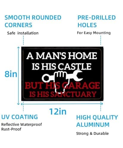 Carastora Men's Vintage Garage Decor, Funny Metal Tin Sign, Quote "A man's home is his castle, his garage his sanctuary", Rustic Style Den Home Bar Accessory, 12x8 Inch - Thumbnail 6