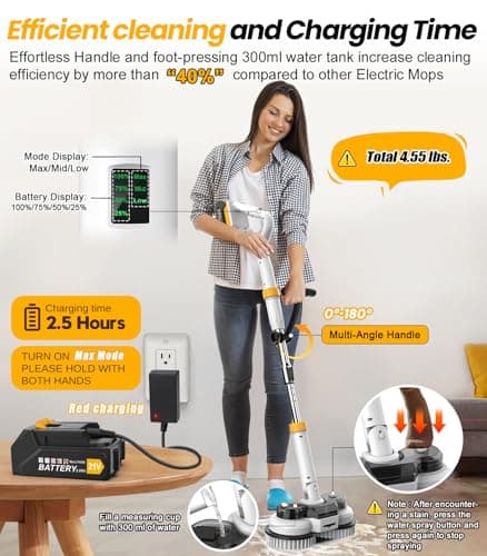 qimedo 800RPM Cordless Electric Mop, 6000mAh Battery Electric Power Scrubber & Mops for Floor Cleaning, Best Automatic Spin Mops with Smart Display,Rotating Mop with LED Light & Water Spray - Thumbnail 5