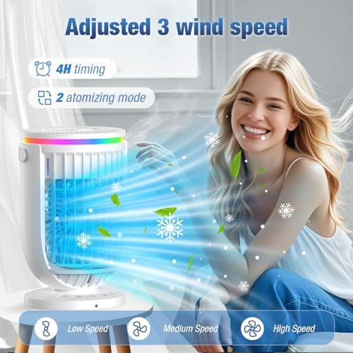 Portable Air Conditioners,Personal Mini Air Conditioner Fan with 3 Speeds,7 Colors Night Light, 4 in 1 Evaporative Air Cooler Cooling Fan with 1200ml Water Tank, Portable AC for Bedroom Office Desk - Thumbnail 5
