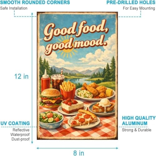 Good Food Good Mood Tin Sign Vintage Food Wall Decor Retro Picnic Meal Illustration Metal Poster Burger Pizza Dessert Art 8x12 Inch Kitchen Cafe Restaurant Display - Thumbnail 6