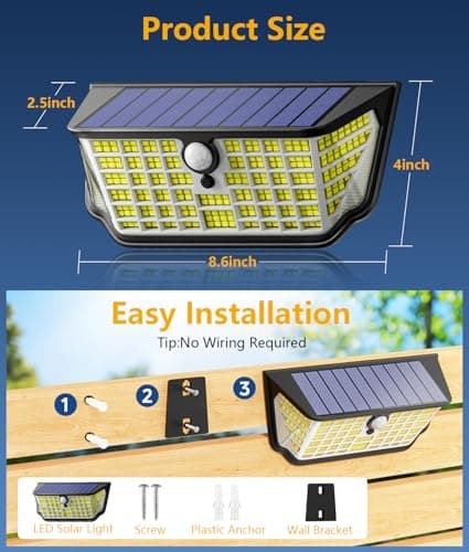 WdtPro Solar Lights Outdoor Waterproof, 300° Angle & 3 Lighting Modes Motion Sensor Outdoor Lights, Solar Security Flood Lights for Outside Fence Wall Yard Front Door Deck Garden Garage 2 Pack - Thumbnail 3
