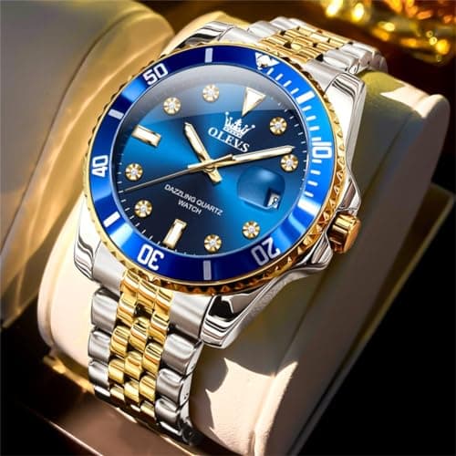 OLEVS Watches for Men Luxury Quartz Dress Men’Wrist Watch with Diamond Date 3ATM Waterproof Two Tone Stainless Steel Blue Face Watches for Men Business Style for Office Premium Gift for Him - Thumbnail 2