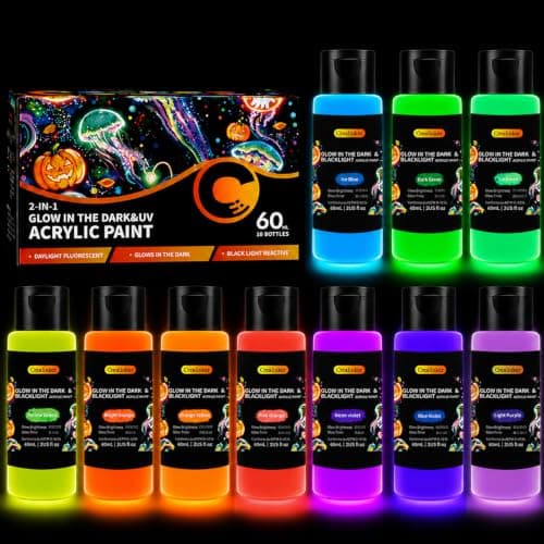 Glow in the Dark Acrylic Paint, 10 Colors 2oz/60ml Bright Neon Glow Paint, Long Lasting Black Light Fluorescent Paints for Outdoor Rocks, Canvas, Wood, DIY Craft, Glass, Night Party Decor. - Image 1