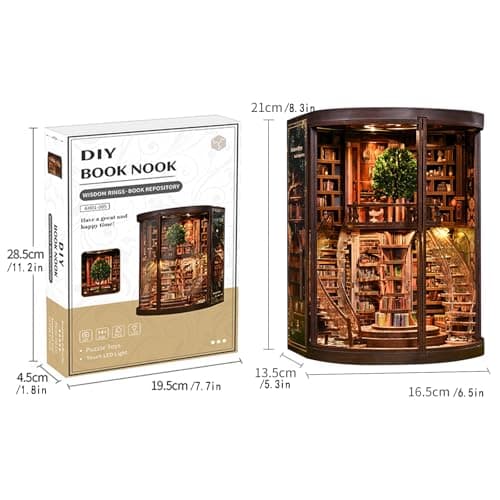 Havefunfun Wisdom Tree Library Book Nook Kit, DIY 3D Wooden Puzzle with Rotating Staircase, LED Light & Dust Cover, Premium Solid Wood Bookend, Vintage Decor, Creative Gift for Adults & Book Lovers - Thumbnail 6