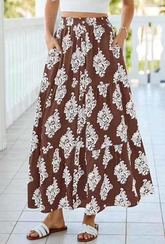 BTFBM Long Skirts for Women Summer 2026 Elastic High Waist Flowy A Line Casual Boho Tiered Floral Maxi Skirt Pockets(Brown White Flower, Large) - Thumbnail 5