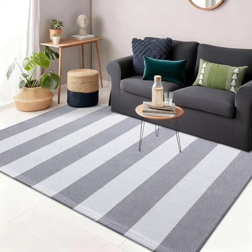 OLANLY Grey and White Striped Rug 3' x 5' – Washable Cotton Indoor Outdoor Doormat for Front Door, Entryway, Kitchen, Porch, Patio Decor