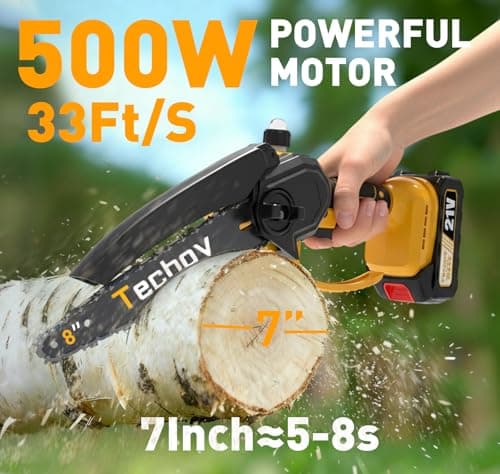 8 Inch Mini Electric Chainsaw Cordless, 6 Inch Portable Chain Saw for Makita 18V Battery Powered Saws Small HandHeld Saw with 2 Batteries Yard Tool Tree Trimming Wood Cutting Gifts Men Dad(GoldYellow) - Thumbnail 2