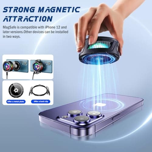 Comvin 3 in 1 Magnetic Cell Phone Cooler for Gaming, Mobile Phone Cooling Fan with Clip, Portable RGB Radiator for iPhone MagSafe Series/Android/iPad, Cellphone Gaming,TK Live Streaming, Outdoor Vlog - Thumbnail 3
