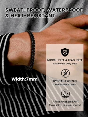 Bestyle 5mm Men's Cuban Link Chain Bracelet Gift for Men Cool Sturdy Black Mens Hand Chain Hip Hop Bracelets for Men Party Jewelry, Hypoallegenic Tranish Resistant, 5mm 21cm/8.3Inch - Thumbnail 4