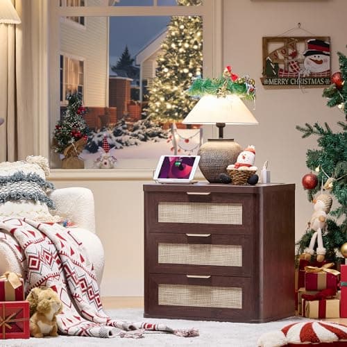 LEYAOYAO Rattan Night Stand Set of 2 with Charger Station, 23" Large 3 Drawer Boho Nightstand, Walnut Bedside Table Storage Cabinet, Bed Side End Tables for Bedroom, Living Room, Hallway - Thumbnail 2