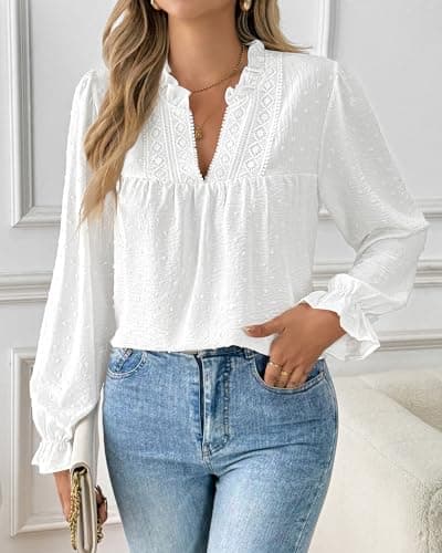 Bsubseach Womens Tops Ruffle Long Sleeve Swiss Dot Blouses for Women Dressy Casual Fashion Shirts White L - Thumbnail 3