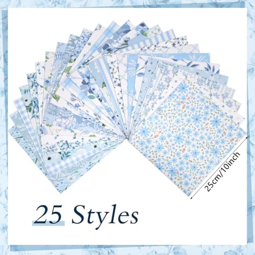 25 Pcs Blue Quilting Fabric Scraps, 10''x10'' Blue Cotton Fabric Squares Vintage Precut Quilt Kits Include Floral Stripes Printed Pattern for DIY Craft Supplies - Thumbnail 3
