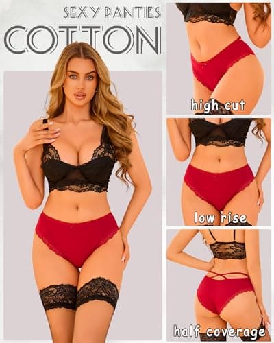 ALL OF ME Women Cotton Underwear Sexy Criss Cross Lace Trim Low Rise Lingerie Wife Gift Cheeky Bikini Panties 6 Pack - Thumbnail 4