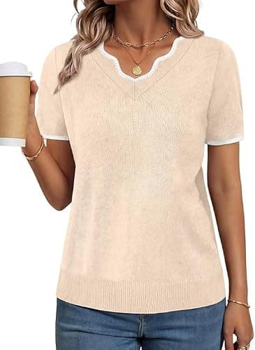 GKBK Women Short Sleeve V Neck Sweater Lightweight Pullover Top Fashion Clothing for Business Casual Work Outfits Spring Summer 2026 Apricot Medium - Thumbnail 3