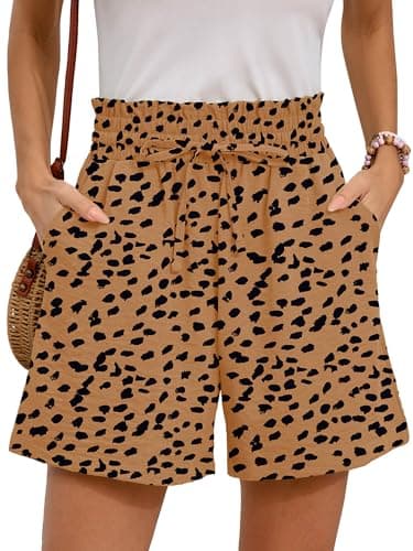 Moodclo High Waisted Wide Leg Shorts Almond Leopard Medium with Pockets Ladies Comfy Linen Work Summer Casual Drawstring Beach Vacation 2026 Trendy Outfits - Image 1