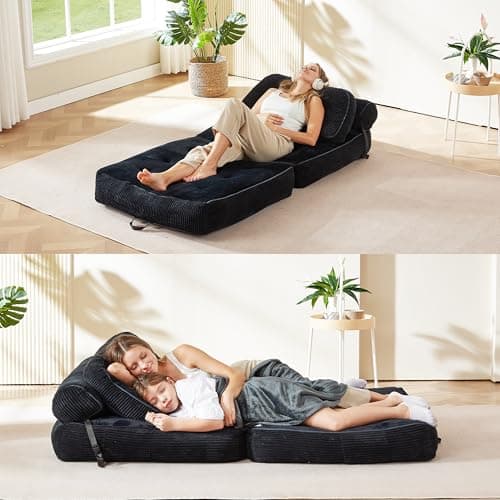 NESLAKO Folding Sofa Bed, Flannel Futon Couch Bed with Pillow and Blanket, Convertible Sleeper Chair for Small Space Apartment Guest Room, Black - Thumbnail 5