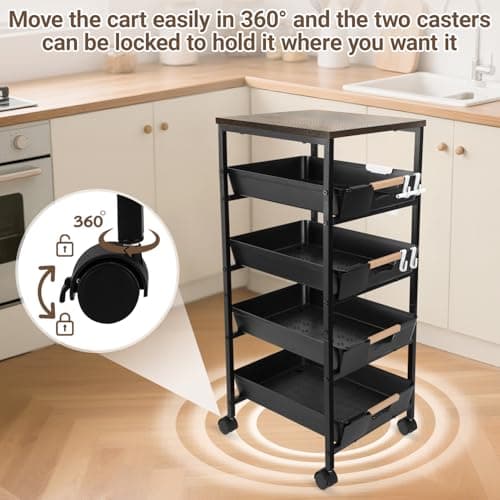 Aukivon Fruit Vegetable Cart for Kitchen, 5-Tier Storage Cart on Wheels with Wood Top, Pull Out Drawers, Rolling Storage Cart for Bedroom, Bathroom, Includes Hanging Box, Hooks and Labels, Black - Thumbnail 4