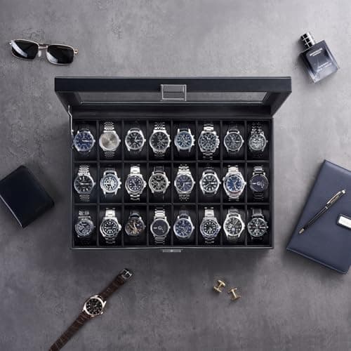 ProCase Watch Box for Men, 24 Slot Display Case with Real Glass Lid and Removable Pillows. Premium Storage Holder Organizer, Gift for Dad & Father's Day & Watch Collectors -AllBlack - Thumbnail 5