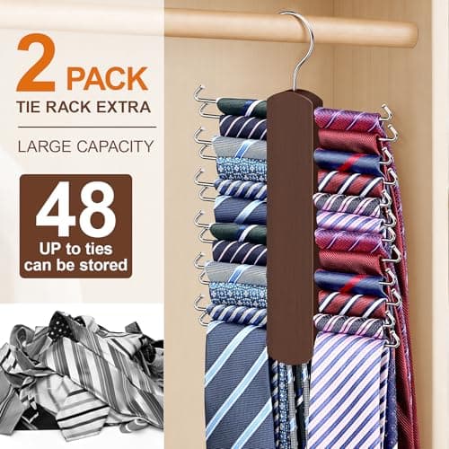 2 Pack Tie Hanger with 48 Hooks, Large Capacity Tie Rack for Closet Organizers and Storage,Space Saving Wooden Necktie Hanger for Men - Thumbnail 2