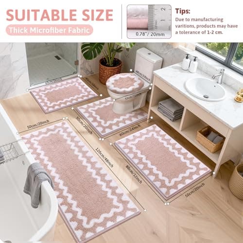 Findosom Bathroom Rugs Sets 5 Piece, Absorbent Soft Non-Slip Washable Microfiber Shaggy Bath Mat Set with Bathroom Runner Rug, U-Shaped Toilet Rugs, Shower Rug & Toilet Lid Cover, Pink-White - Thumbnail 3