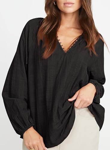 Dokotoo Long Sleeve Shirts for Women 2026 Spring Fashion V Neck Casual Blouses Dressy Ladies Textured Shirts Black Teacher Outfits Blouses Oversized Black Button Down Shirts Large - Thumbnail 3