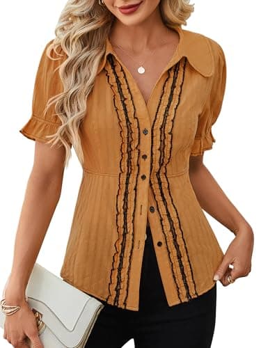 ECOWISH Women's Button Down Shirt - Peter Pan Collar Cotton Blouse Summer Dressy Short Sleeve Loose Fit Work Tops Orange M - Image 1