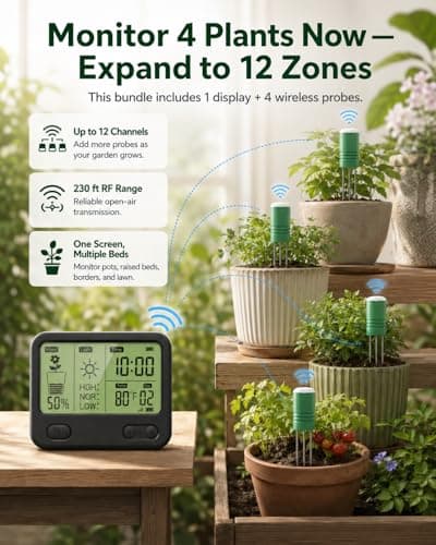Soil Moisture Meter for Plants, 12-Zone Wireless Plant Water Meter, Soil Thermometer and Light Sensor, 4-in-1 TDR Tester, 230ft Range, IPX5 Waterproof for Indoor Outdoor Garden Lawn (Display+4 Sensor) - Thumbnail 3