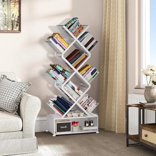 Gintan 9-Tier Corner Bookshelf with Storage,Bedroom Shelves Folding Bookshelves,No Installation Required Shelf Tree Bookcase for Living Room,Study,Home Office,Bed Room (White) - Thumbnail 6