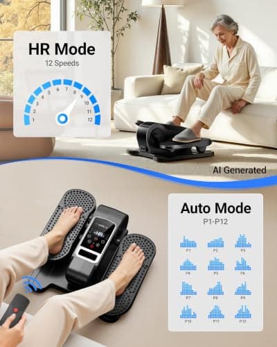 Under Desk Elliptical Machine, Electric Seated Pedal Exerciser, Mini Elliptical Leg Exerciser with Remoter, 12 Level Speeds, Forward & Reverse Direction, Manual & Auto for Home Office (Black Grey) - Thumbnail 4