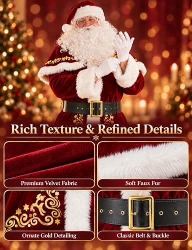 ACH Santa Suit for Men Santa Claus Costume Adult 12pcs Professional Deluxe Velvet Santa Outfit Christmas Holiday Party Cosplay Set XL - Thumbnail 5