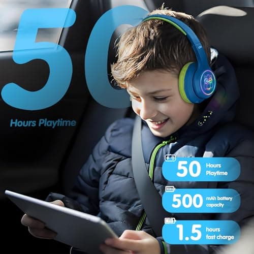 LOBKIN Active Noise Cancelling Headphones for Kids with Case - RGB LED Light Up Foldable Adjustable Over Ear Headphone Support Wireless or 3.5mm Wired Mode for Toddler & Girls & Boys Teens - Thumbnail 5